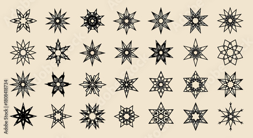 Collection of intricate geometric star shapes and abstract symmetrical snowflake designs vector set, ornamental and decorative elements