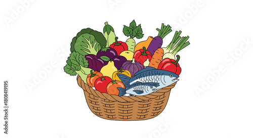 A woven wicker basket is filled with a colorful and healthy assortment of fresh vegetables and two fish for a balanced diet.