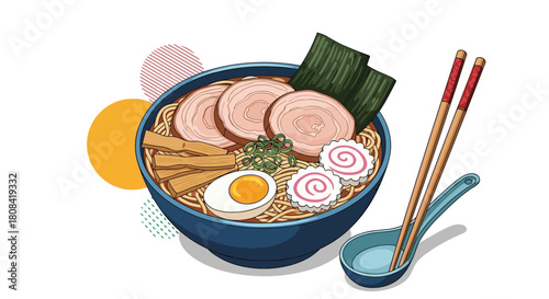 A delicious bowl of Japanese ramen with pork chashu a boiled egg and narutomaki is shown with chopsticks and a spoon.