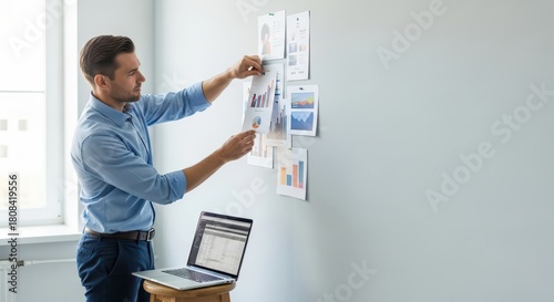 Wallpaper Mural Young caucasian adult male analyzing business charts on wall with laptop Torontodigital.ca