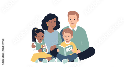 Happy Diverse Family Reading Together Promoting Education and Bonding