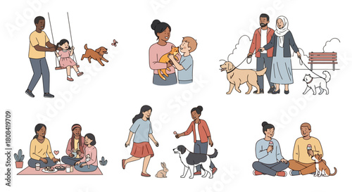 Diverse People Enjoying Pets and Outdoor Activities with Family and Friends