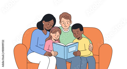 Diverse Family Reading Together on Sofa Bonding and Education