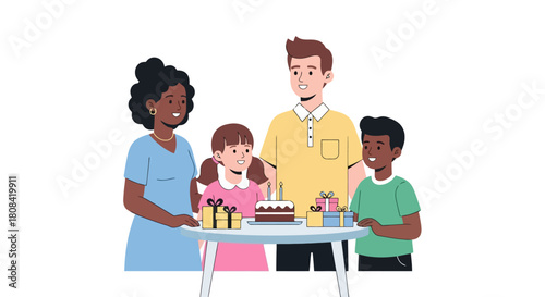 Diverse Family Celebrating a Special Occasion with Cake and Presents