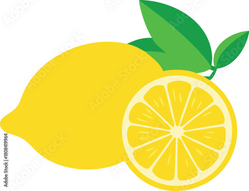 A bright yellow lemon with a sliced portion and vibrant green leaves
