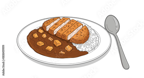 A hand-drawn illustration of Japanese katsu curry with a sliced breaded pork cutlet over rice and curry sauce on a plate.