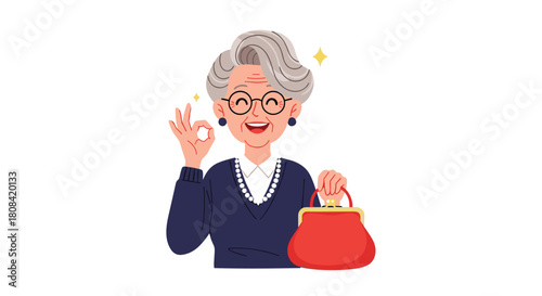 A happy and stylish elderly woman with gray hair and glasses is smiling making an okay sign and holding a red purse.
