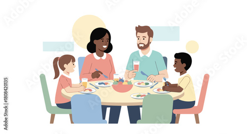 Diverse Family Enjoying a Meal Together Around a Table Illustration