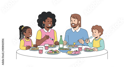 Joyful Family Mealtime Together Diverse Parents and Children Enjoying Food at a Table