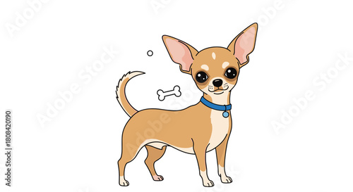 A cute and adorable cartoon chihuahua puppy with big eyes a blue collar and a wagging tail stands on a white background.