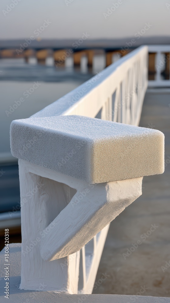 Fototapeta premium A vertical close-up shot captures the heavy, sparkling hoarfrost coating on a white bridge railing, illuminated by soft light against a blurred background of cold water and distant structures.