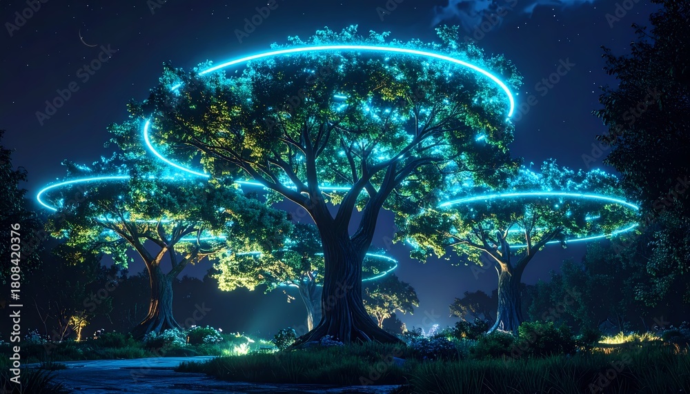 Fototapeta premium Enchanting Night Scene with Glowing Trees and Neon Light Rings.