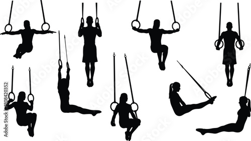 Set of black silhouettes of gymnasts exercising on rings, men and women doing suspension training, vector illustration isolated on white background for sport design.