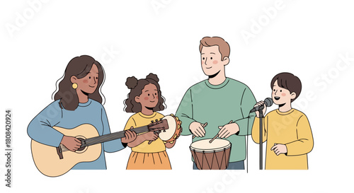 Joyful Family Band Playing Music Together Creating Happy Memories with Instruments Indoor Activity and Bonding