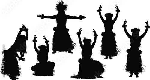 Set of black silhouettes of Hawaiian hula dancers performing traditional dances, women in grass skirts isolated on white background for luau party design.