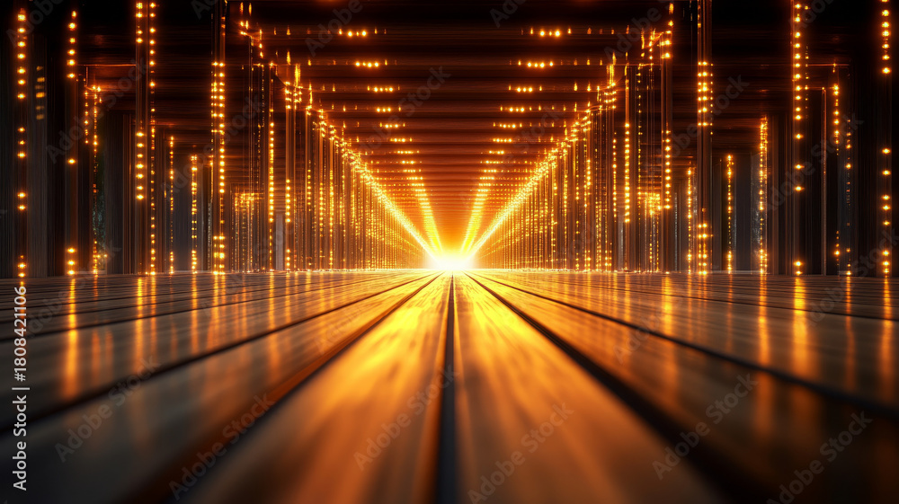 Fototapeta premium Futuristic tunnel with glowing orange lights, metallic floor, and dramatic perspective