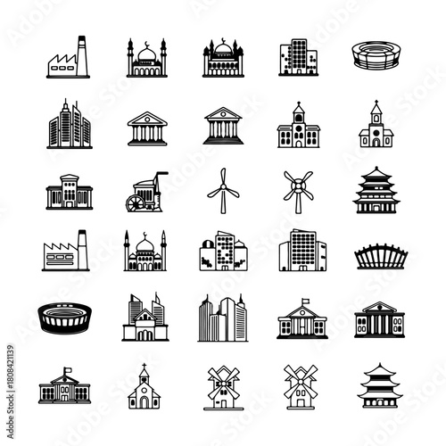 Minimalist Building line icons set with editable stroke, featuring factory, mosque, apartment, stadium, skyscrapers, museum, school, university, church, mill, wind, pagoda,