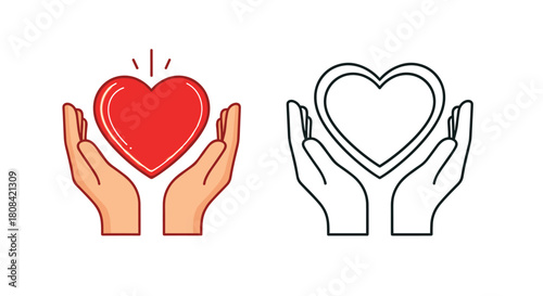 A set of two icons shows hands holding a heart in both a full color version and a simple black and white outline style.