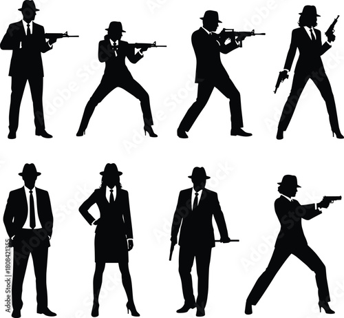 Set of black silhouettes of mafia gangsters holding guns, men and women agents in suits, vector illustration isolated on white background.
