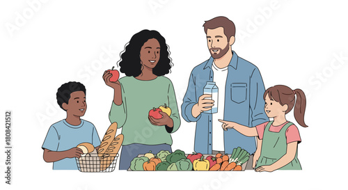 Healthy Family Shopping Together for Fresh Produce Groceries and Beverages