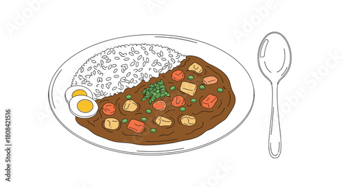 A hand-drawn illustration of delicious Japanese curry rice with vegetables a boiled egg and parsley garnish on a white plate.