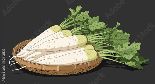 A bunch of fresh daikon radishes with lush green leaves are sitting in a woven wicker basket on a dark background.