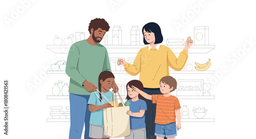 Diverse family shopping for groceries together in a bright modern store aisle promoting healthy eating and family bonding