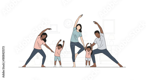 Family Fitness Fun Parents and Children Doing Yoga Together in a Bright Home