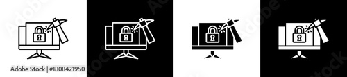 Brute Force icon set in line and glyph style on black and white background