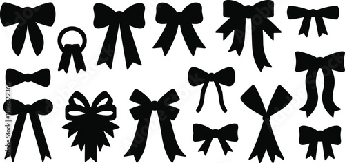 Black silhouette bow icon set, elegant ribbon shapes, decorative vector elements for fashion, gift wrapping, crafts, and graphic design
