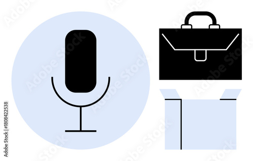 Microphone symbol for voice, briefcase for work, open box for creativity and innovation. Ideal for business, communication, podcasting, creativity, innovation career growth opportunities. Simple