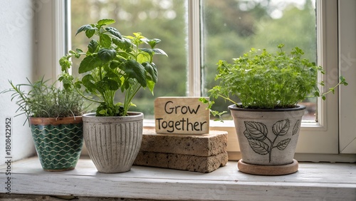 Potted herbs growing on a bright sunny windowsill with grow together word