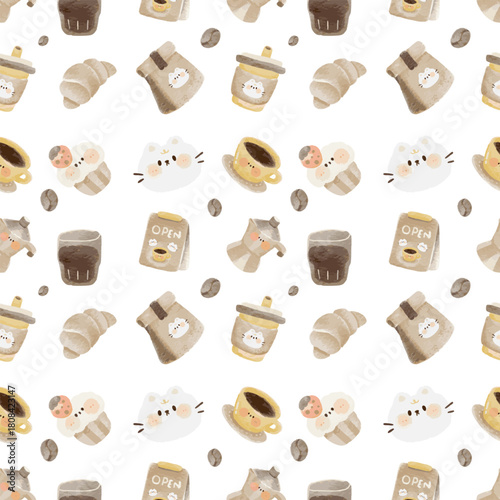 Comprehensive watercolor coffee and bakery seamless pattern with many cafe icons