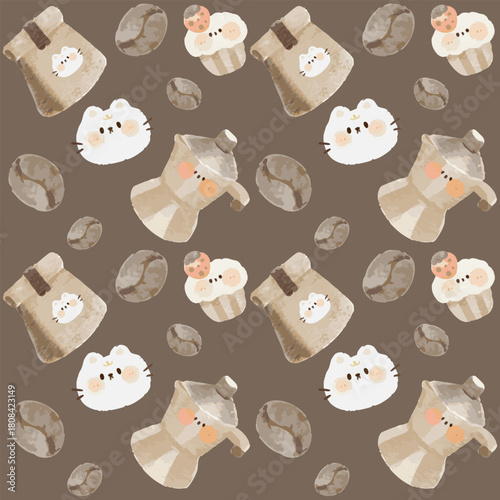 Kawaii watercolor coffee and bakery seamless pattern with cute cat faces