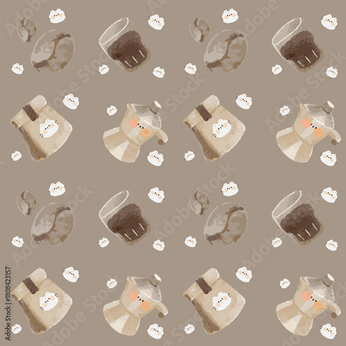 Cute watercolor coffee themed seamless pattern with cat icons and Moka pot