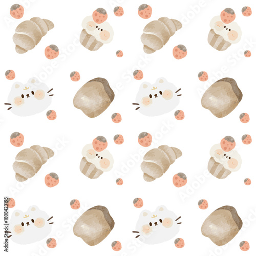 Sweet watercolor bakery seamless pattern with cat head and pastries