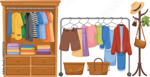 clothing rack icon set, organized fashion storage with garments, baskets, and accessories for interior design, retail, and lifestyle illustration