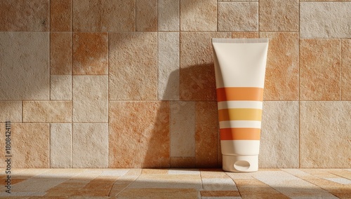 Tube leans on tile wall, sunlit with orange stripes on cream tube