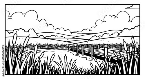 Black and white illustration of a serene lakeside landscape  