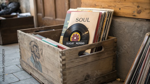 Wooden crate filled with vintage soul vinyl records