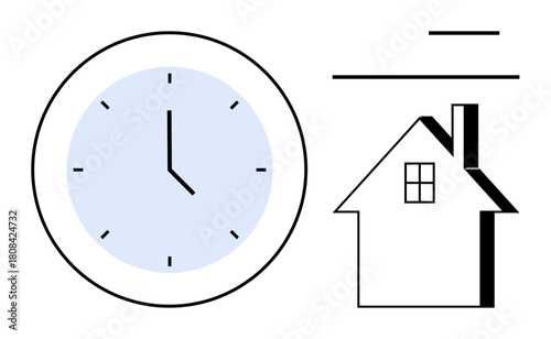 Analog clock and house silhouette emphasizing timing, productivity, and work-life balance. Ideal for schedules, routines, remote work, time management, home office, planning simple flat metaphor