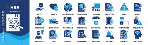 HSE icon collection set. Containing safety,health,environment,regulation,training,inspection,risk,policy,protocol,incident icon
