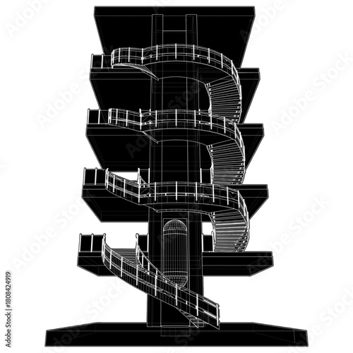 Spiral Staircases Vector. Illustration Of Circular Helical Stairs Isolated On White Background. 
