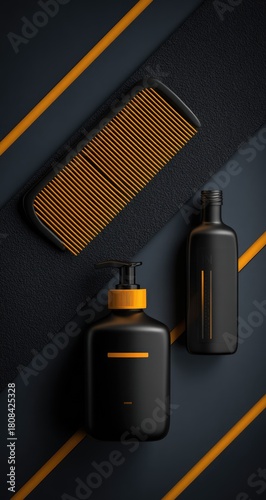 Sleek black bottles and comb on textured dark surface with gold lines