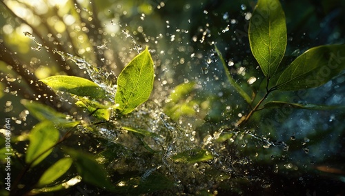 Sunlit leaves are splashed with fresh water in a vibrant, lush scene