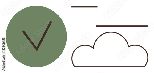 Checkmark in green circle next to outlined cloud with horizontal lines. Ideal for success, task completion, validation, environmental themes, cloud services, minimal design, simple flat metaphor