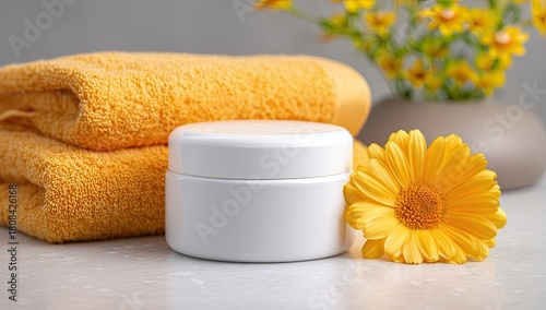 Yellow towels, cream jar, & flowers on a marble surface