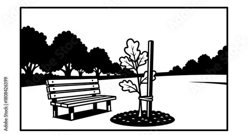 Bench beside young tree in park with outlines and simple design  