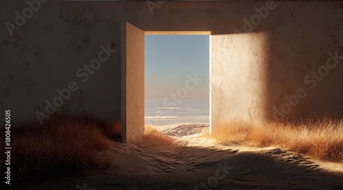 Open doorway to beach. Sun-drenched walls. Dried grass. Serene scene
