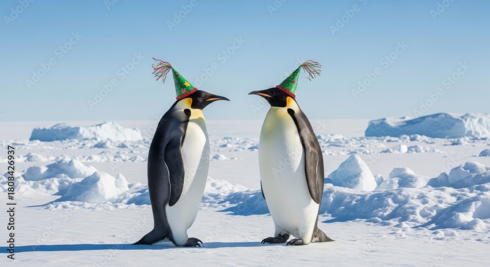 Fototapeta premium Two penguins wearing festive party hats stand in a snowy, icy landscape with icebergs in the background under a clear blue sky.